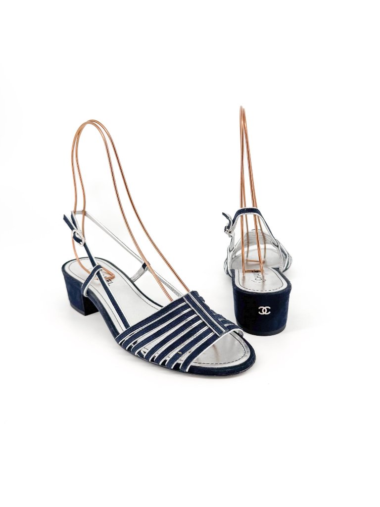 Chanel Cc Strappy Slingback Sandals Block Heel Navy Blue Silver Size 37 Us 6-6.5